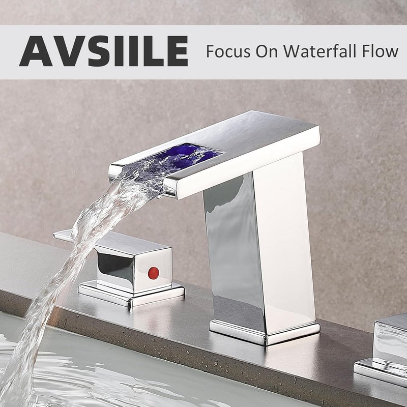 AVSIILE صنبور حمام LED 3 فتحات، صنابير حمام شلال كروم، صنبور حوض حمام حديث بقطر 8 بوصات وقطع، صنبور حوض حمام بلمسة واسعة على ثلاث فتحات بمقبضين و3 قطع - Image 3